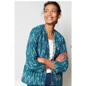 J.Jill Pure Jill Kantha Stitched Ikat Open Quilted  Embroidered Jacket Teal M